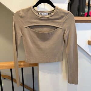 EUC ZARA Taupe Long Sleeve Cut Out Crop Knit Top S